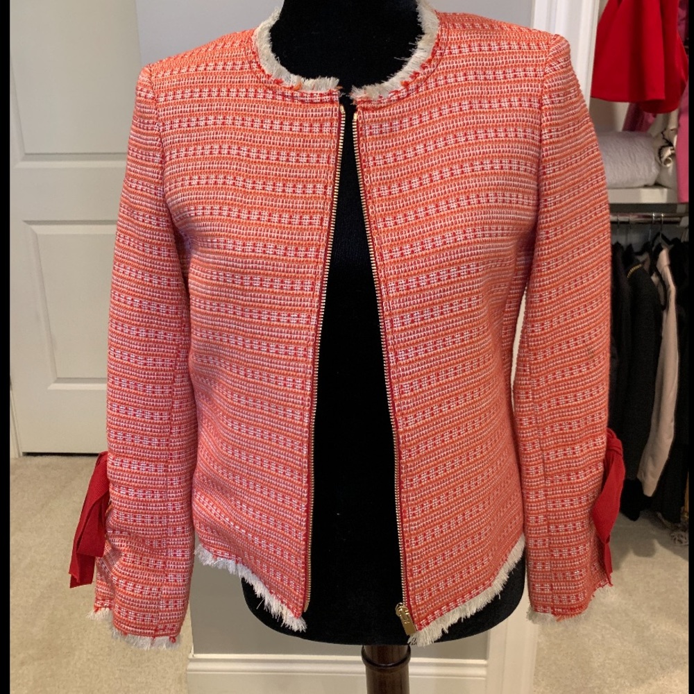 Cropped Coral Red Tweed Jacket